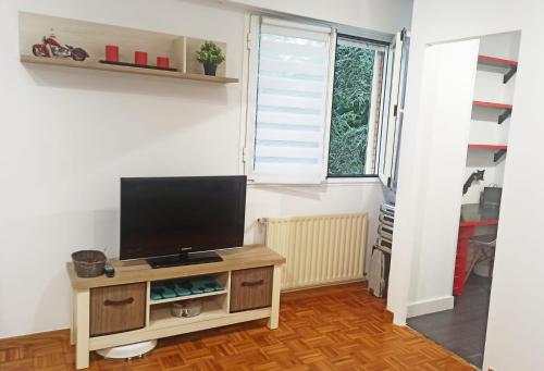 uma sala de estar com uma televisão de ecrã plano num suporte em Apartamento en San Sebastián con parking em Loyola