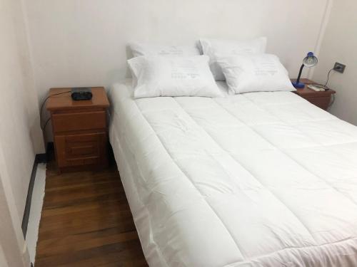 a bed with two pillows and a nightstand with a white bed at Pinky’s Place Airport, Full Equipment. in Alajuela