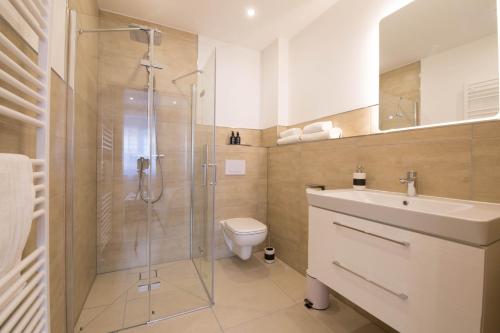 La salle de bains est pourvue d'une douche, de toilettes et d'un lavabo. dans l'établissement Luxury Saarbrücken 2, à Sarrebruck