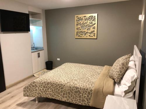 a bedroom with a bed and a television on a wall at Hostal Latina in Cuenca
