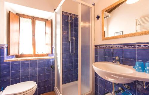 モンティチャーノにあるBeautiful Home In Monticiano Si With 2 Bedroomsの青いタイル張りのバスルーム(トイレ、シンク付)