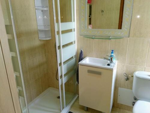 uma casa de banho com um chuveiro, um lavatório e um WC. em CASA MERY em Puerto del Carmen