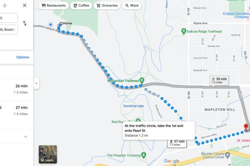 a map of the trail cycle route in the city at Sunshine Daydream Boulder Mountain Home - walk to Pearl St. / hiking in Boulder
