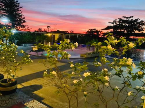 a garden with flowers in front of a house at Vistapaloma beach resort in Odiong