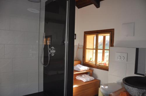 a bathroom with a shower and a sink at Panorama Chalet Heimatliebe in Ladis