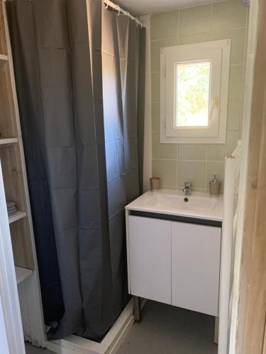 une salle de bain avec un lavabo et une douche dans l'établissement La Petite Maison dans le Maquis, à Porto-Vecchio