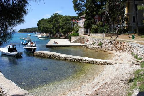 a group of boats docked on a beach in the water at Apartments with a parking space Mali Losinj (Losinj) - 15858 in Mali Lošinj
