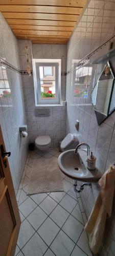 une salle de bain avec un lavabo et des toilettes et une fenêtre dans l'établissement Appartement Lissi - ruhig, idyllisch & großzügig, à Salem
