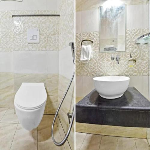 two pictures of a bathroom with a toilet and a sink at Hotel Shakun Palace in Kota