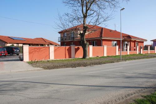 a house with a tree on the side of a street at Fridrich apartman in Veľký Meder