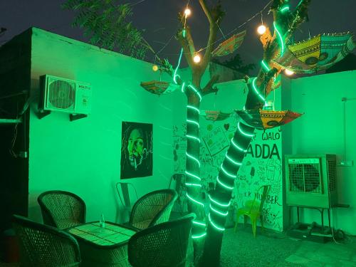 a green room with a tree with lights at Jawai Bagpackers Hostel in Sheoganj