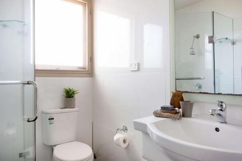 a bathroom with a toilet and a sink and a mirror at The Corner Cottage in Mollymook