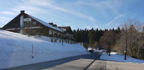 uma rua coberta de neve ao lado de um edifício com uma casa em 2 Zimmer Mitterdorf em Philippsreut