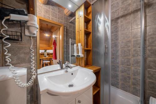 a bathroom with a white sink and a shower at Hiša vina Cuk in Lendava
