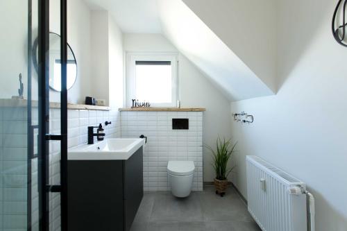 La salle de bains est pourvue d'un lavabo et de toilettes. dans l'établissement Strandbude, à Büsum