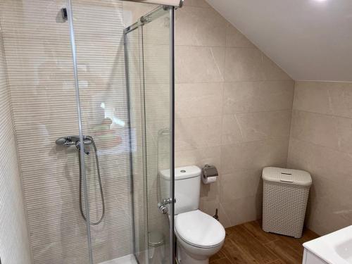 a bathroom with a toilet and a glass shower at La Casita del Risco in Las Navas del Marqués