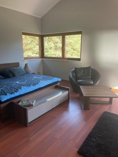 1 dormitorio con 1 cama, 1 silla y 1 mesa en Willa przy lesie, en Wronki