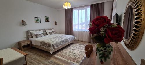 a bedroom with a bed and a large window at Aparthotel Olympus Plaza - SPA & Indoor Pool in Kranevo