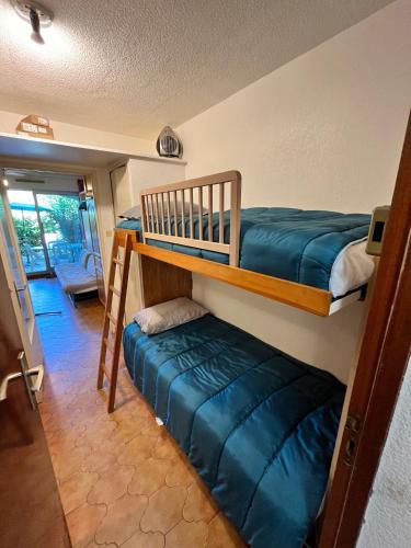 - une chambre avec 2 lits superposés et un canapé dans l'établissement Studio climatisé avec jardin et plage à 250m, à Saint-Mandrier-sur-Mer