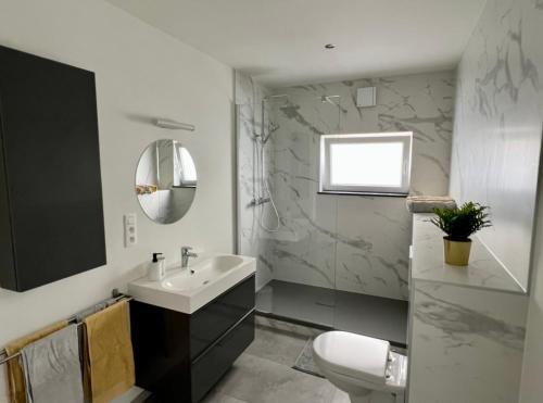 een badkamer met een wastafel, een toilet en een spiegel bij Happy Duplex in Jalhay