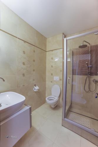 a bathroom with a shower and a toilet and a sink at Hotel Golden Spirit in Băile Herculane