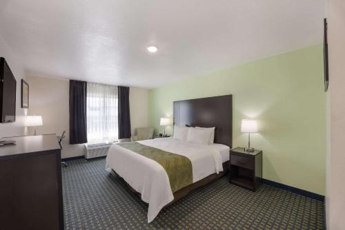 Habitación de hotel con 1 cama grande y 2 lámparas en Quality Inn & Suites, en Clayton