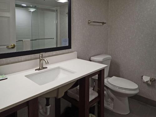 a bathroom with a sink and a toilet and a mirror at Sleep Inn & Suites California MD in California
