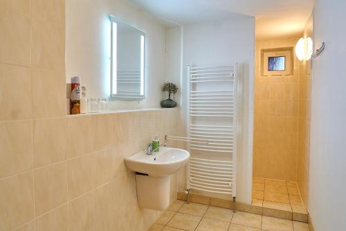uma casa de banho com um lavatório branco e um chuveiro em Penzion Mona em Jeseník