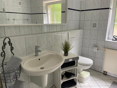 a white bathroom with a sink and a toilet at Strandlächeln Lodge - Ferienwohnung mit 2 Schlafzimmern in Hohenfelde