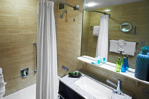 a bathroom with a shower, sink, and mirror at Miami International Airport Hotel in Miami