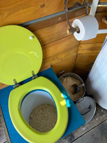 La salle de bains est pourvue de toilettes vertes et d'un rouleau de papier toilette. dans l'établissement La Roulotte Cavalière, au cœur d'une manade en Camargue, à Mas-Thibert