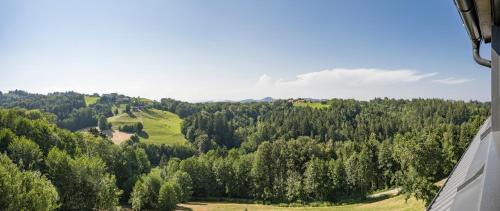 a view of a forest with a golf course in the distance at WeinZeit Chalets in Gamlitz