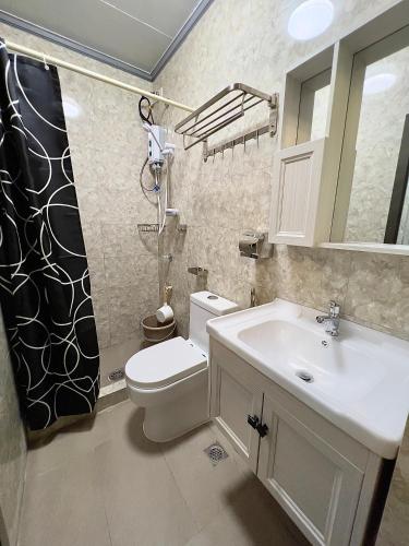 La salle de bains est pourvue d'un lavabo, de toilettes et d'un miroir. dans l'établissement NEW Modern Vacation Home Apartelle, à Iriga City