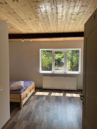 a bedroom with a bed and two windows at La Stermin in Viştea de Sus
