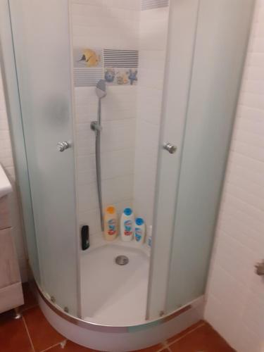 een douchecabine in een badkamer met een toilet bij Budapest City Bridge Apartman in Boedapest