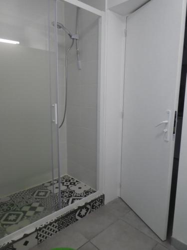 bagno con doccia e porta in vetro di Maisonnette studio Arcachon 300m plage ad Arcachon