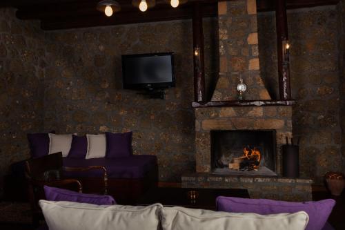 a living room with a fireplace and a tv at Pera Alonia Guest House in Kato Trikala Korinthias