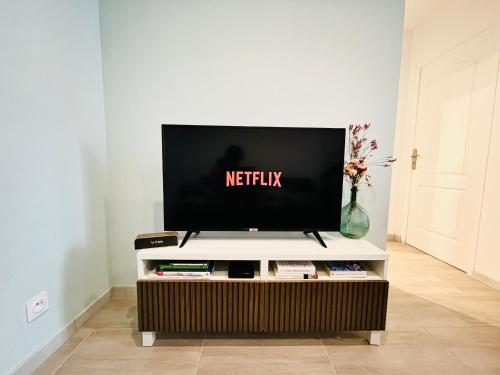 a flat screen tv sitting on top of a tv stand at Appartement « cocooning » au bord du Loing in Nemours