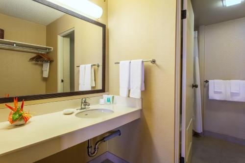 a bathroom with a sink and a mirror at CASTLE Hilo Hawaiian Hotel in Hilo