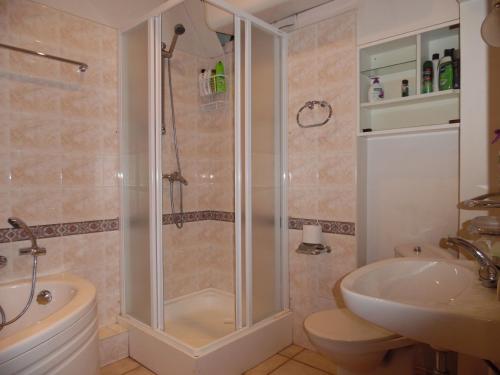 a bathroom with a shower and a toilet and a sink at Old Riga - Kalku apartment in Riga