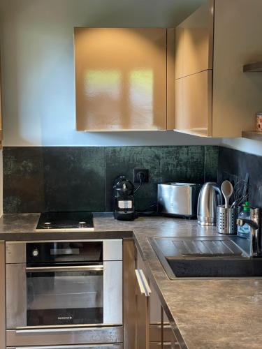a kitchen with a sink and a stove top oven at Marmotte du Jaillet Cosy and charmant appartement in Demi-Quartier