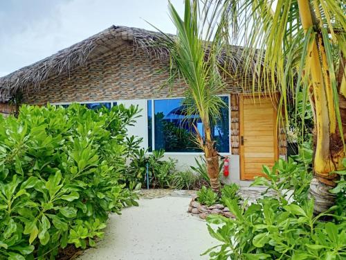 Island Life Maldives Retreat & Spa في Magoodhoo: منزل أمامه نخلة
