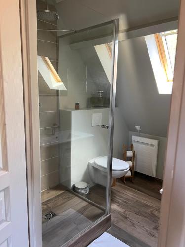 La salle de bains est pourvue de toilettes et d'une porte de douche en verre. dans l'établissement Le domaine des Bois, à Blangy-le-Château