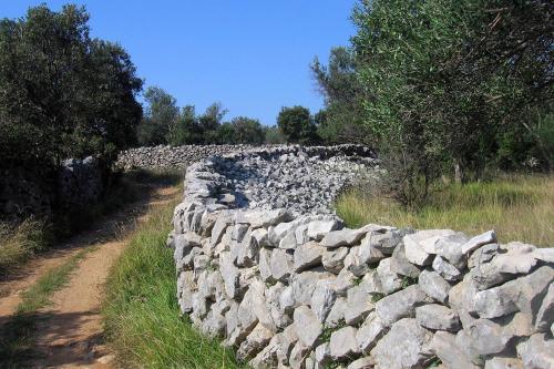 a stone wall next to a dirt road at Holiday house with a parking space Olib - 18805 in Olib