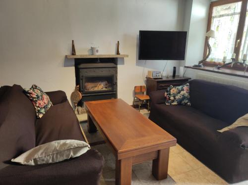 a living room with two couches and a table and a fireplace at CASA RURAL EL TOLEO in Hoyos del Espino