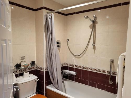 La salle de bains est pourvue d'une baignoire, de toilettes et d'une douche. dans l'établissement The Royal Inn, à St Austell