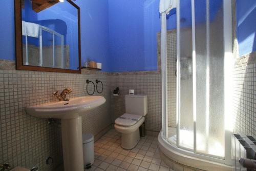 ein Bad mit einem Waschbecken, einem WC und einer Dusche in der Unterkunft La Casona De Baró in Baró