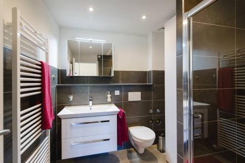 ein Badezimmer mit einem WC, einem Waschbecken und einem Spiegel in der Unterkunft Ferienwohnung "Am Skilift" in Herrischried