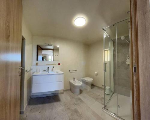 ein Bad mit einem Waschbecken, einem WC und einer Dusche in der Unterkunft IL NIDO DELLA POIANA CASA VACANZE e B & B in Montalto Pavese