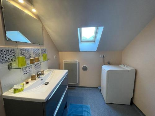 een badkamer met een wastafel, een spiegel en een koelkast bij TRAVERSIÈRE in Bedous